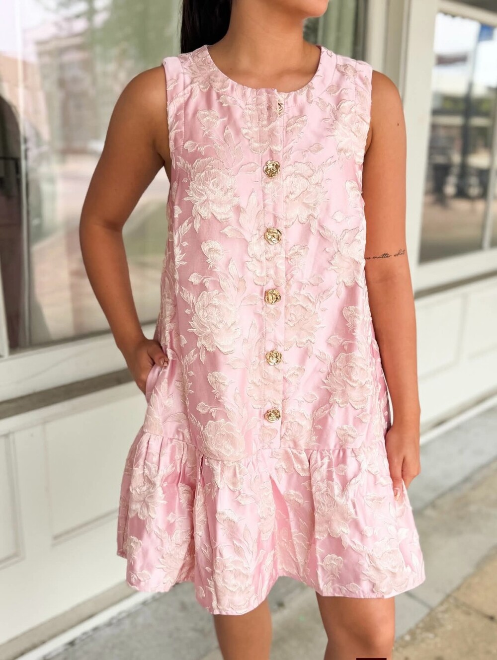 Entro Pink Floral Jacquard Button-Front Sleeveless Dress
